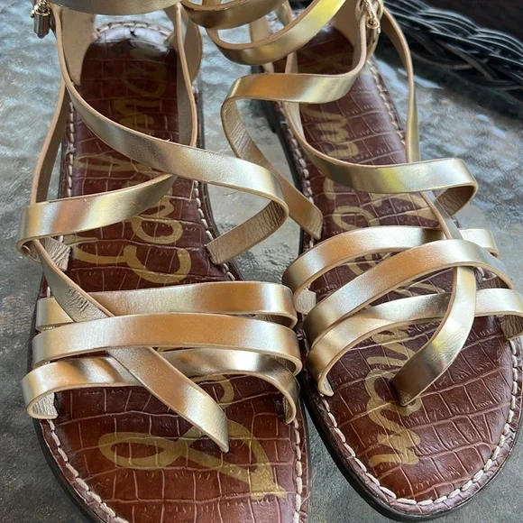 Sam Edelman Ganesa Gladiator Sandals Gold Strappy Flat Leather Women’s 8.5 - Picture 10 of 11